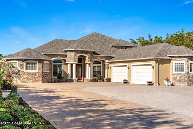 4022 Tradewinds Trl, Merritt Island, FL 32953 - french provincial home featuring stone siding, an attached garage, stucco siding, and driveway