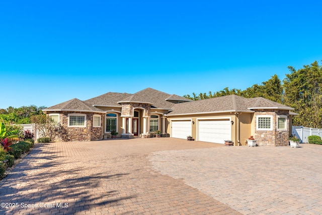 4022 Tradewinds Trl, Merritt Island, FL 32953 - french provincial home with stone siding, a garage, decorative driveway, and stucco siding