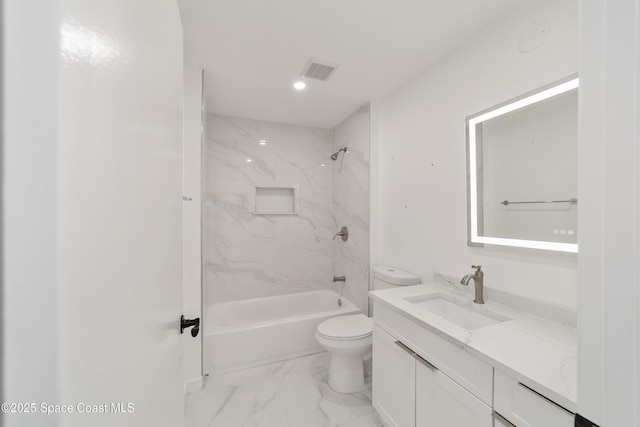16190 SW 16th Ct, Ocala, FL 34473 - full bath featuring toilet, marble look tile flooring, vanity, tub / shower combination, and recessed lighting