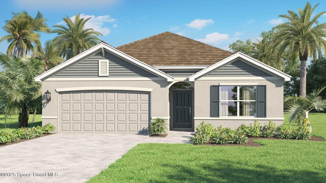 855 Cornell St SE, Palm Bay, FL 32909 - view of front of property featuring an attached garage, concrete driveway, a front yard, and stucco siding