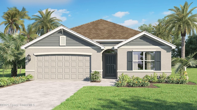 257 Lachine St SW, Palm Bay, FL 32908 - view of front of house with concrete driveway, a garage, a front lawn, and stucco siding