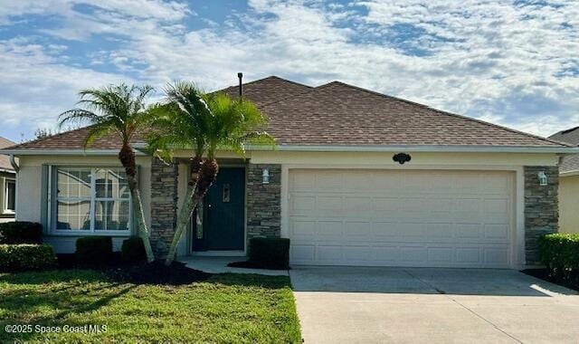 1634 Timacuan Dr, Melbourne, FL 32940 - ranch-style house featuring driveway, an attached garage, stone siding, and a front yard