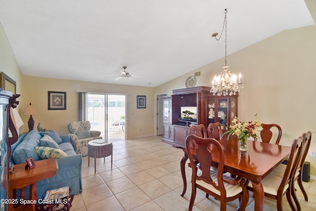 1790 Seeley Cir NW, Palm Bay, FL 32907 - dining space featuring lofted ceiling, a chandelier, a ceiling fan, light tile patterned floors, and baseboards