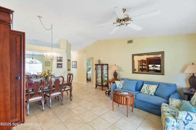 1790 Seeley Cir NW, Palm Bay, FL 32907 - living area with lofted ceiling, a chandelier, light tile patterned floors, ceiling fan, and baseboards