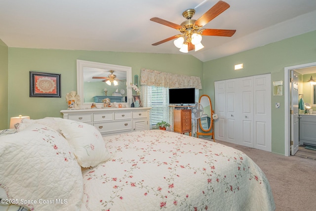 4390 Everglades St, Cocoa, FL 32927 - bedroom with lofted ceiling, carpet, ceiling fan, ensuite bathroom, and a closet