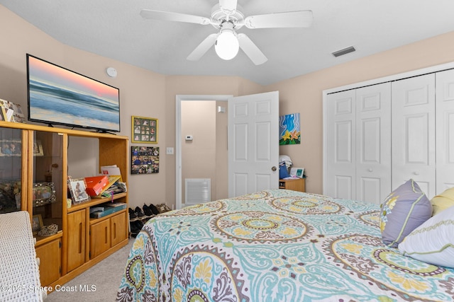 243 Forecast Ln Unit 4-21, Rockledge, FL 32955 - bedroom with light carpet, a closet, and a ceiling fan