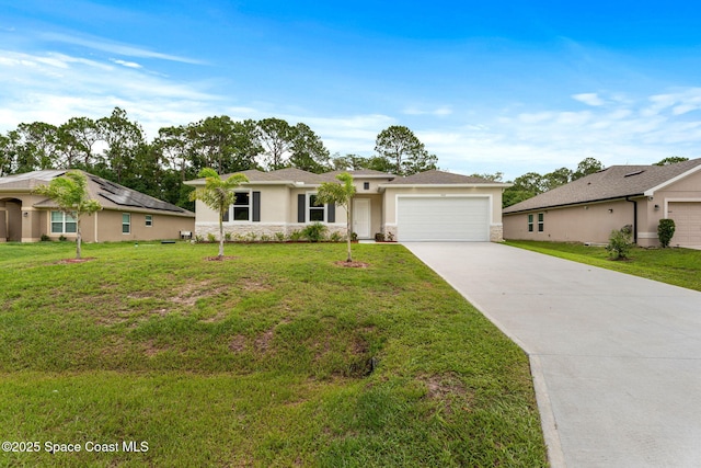 1427 Damon Rd SE, Palm Bay, FL 32909 - ranch-style house with stucco siding, a garage, driveway, and a front lawn