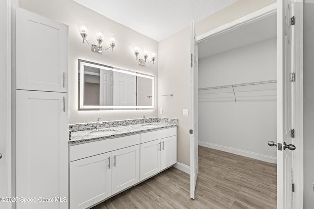 1427 Damon Rd SE, Palm Bay, FL 32909 - bathroom featuring double vanity, wood finished floors, baseboards, and a walk in closet