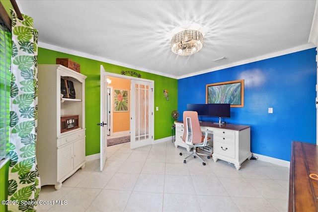 1510 Jupiter Blvd NW, Palm Bay, FL 32907 - office area featuring baseboards, french doors, a chandelier, light tile patterned flooring, and ornamental molding