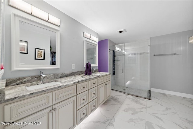 1510 Jupiter Blvd NW, Palm Bay, FL 32907 - bathroom featuring double vanity, a stall shower, and marble look tiles