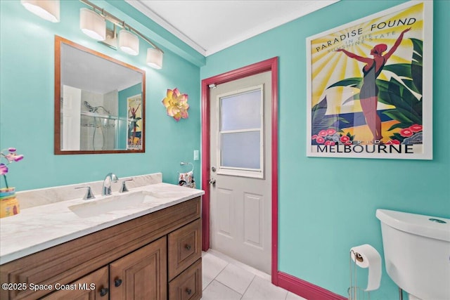 1510 Jupiter Blvd NW, Palm Bay, FL 32907 - full bath featuring vanity, a shower with door, toilet, baseboards, and tile patterned floors
