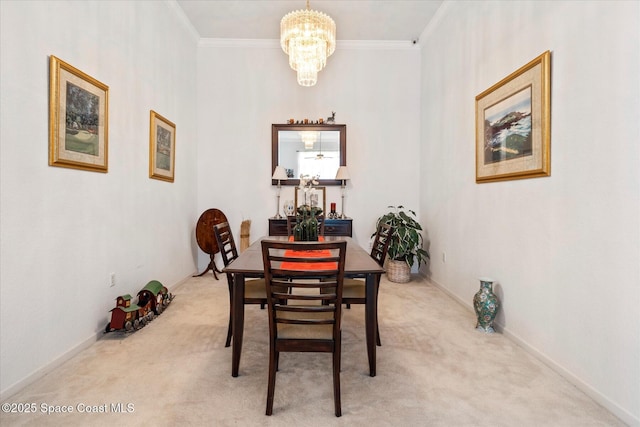 2770 Grand Isle Way SW, Vero Beach, FL 32968 - carpeted dining space featuring a chandelier and ornamental molding