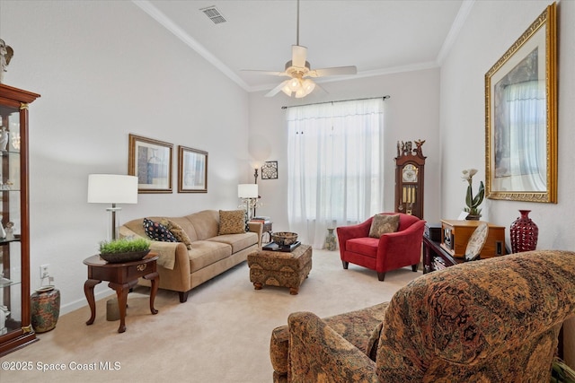 2770 Grand Isle Way SW, Vero Beach, FL 32968 - living area featuring carpet, ornamental molding, and ceiling fan