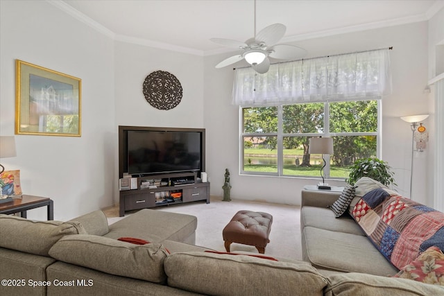 2770 Grand Isle Way SW, Vero Beach, FL 32968 - carpeted living area featuring crown molding and a ceiling fan