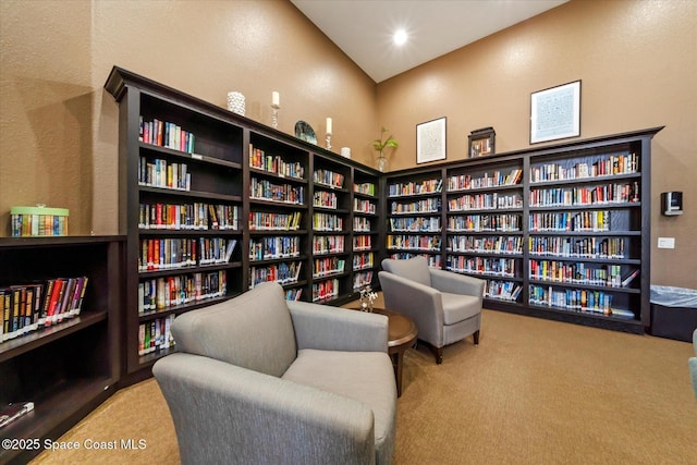2770 Grand Isle Way SW, Vero Beach, FL 32968 - sitting room featuring bookshelves, carpet floors, and a textured wall