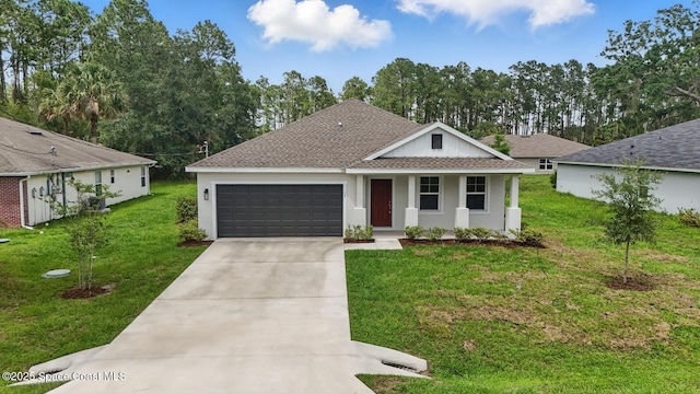15 Ponderosa Ln, Palm Coast, FL 32164 - ranch-style house featuring a garage, concrete driveway, a front yard, and a porch