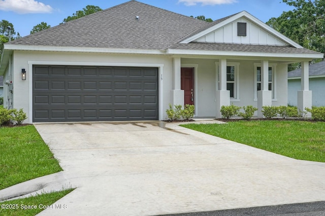 15 Ponderosa Ln, Palm Coast, FL 32164 - ranch-style house with roof with shingles, an attached garage, board and batten siding, driveway, and a porch