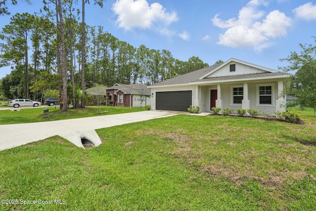 15 Ponderosa Ln, Palm Coast, FL 32164 - ranch-style house with driveway, a garage, a front lawn, and roof with shingles