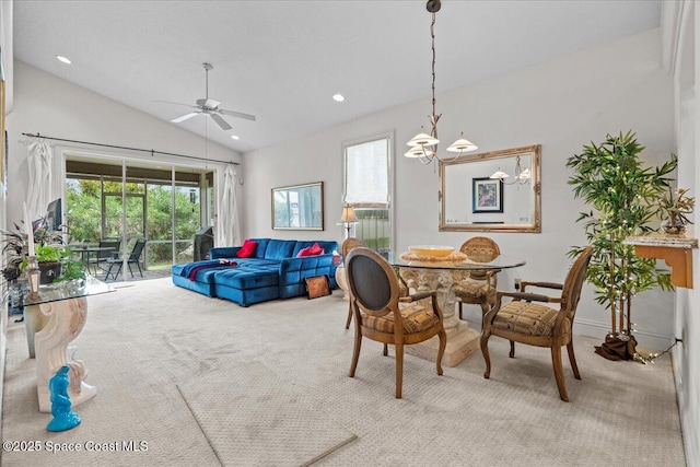 206 Islandia Ct Unit U-206, Satellite Beach, FL 32937 - dining space with carpet flooring, plenty of natural light, a ceiling fan, vaulted ceiling, and recessed lighting
