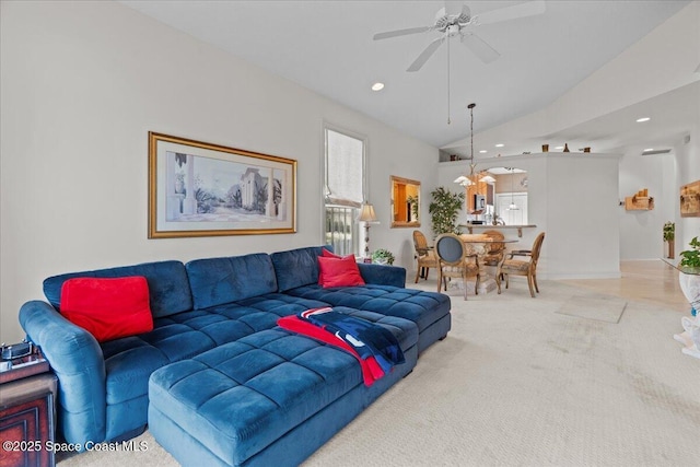 206 Islandia Ct Unit U-206, Satellite Beach, FL 32937 - living area featuring carpet flooring, a ceiling fan, recessed lighting, and lofted ceiling
