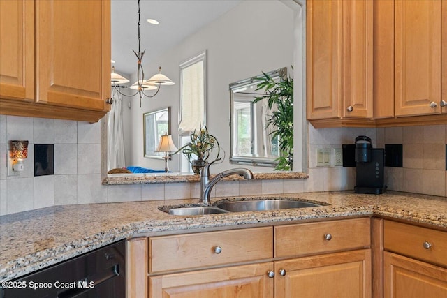 206 Islandia Ct Unit U-206, Satellite Beach, FL 32937 - kitchen featuring a sink, light stone countertops, tasteful backsplash, dishwasher, and pendant lighting