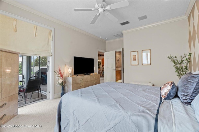206 Islandia Ct Unit U-206, Satellite Beach, FL 32937 - bedroom with access to outside, carpet floors, crown molding, and ceiling fan