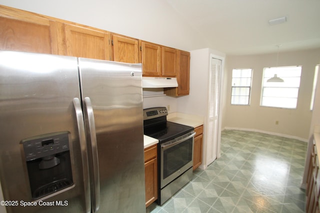 1361 Athens Dr NE, Palm Bay, FL 32907 - kitchen featuring appliances with stainless steel finishes, under cabinet range hood, light countertops, brown cabinetry, and light flooring