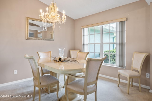 1527 Glencove Ave NW, Palm Bay, FL 32907 - dining area with vaulted ceiling, plenty of natural light, a chandelier, carpet, and baseboards