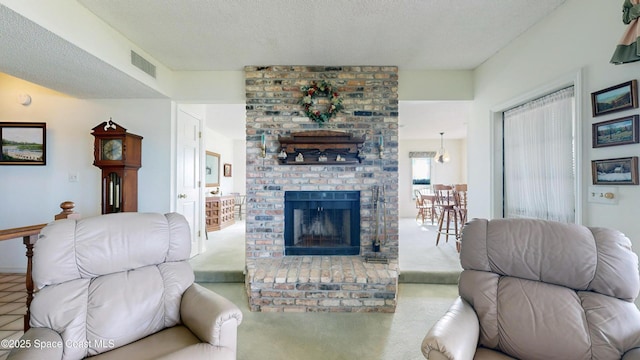 284 Andros Ave, Cocoa Beach, FL 32931 - living room with carpet floors, a fireplace, and a textured ceiling