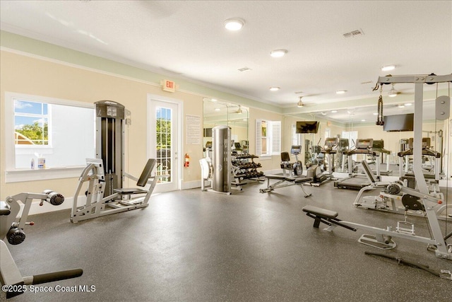 1475 Isabella Dr Unit 101, Melbourne, FL 32935 - exercise room featuring ornamental molding, plenty of natural light, and recessed lighting