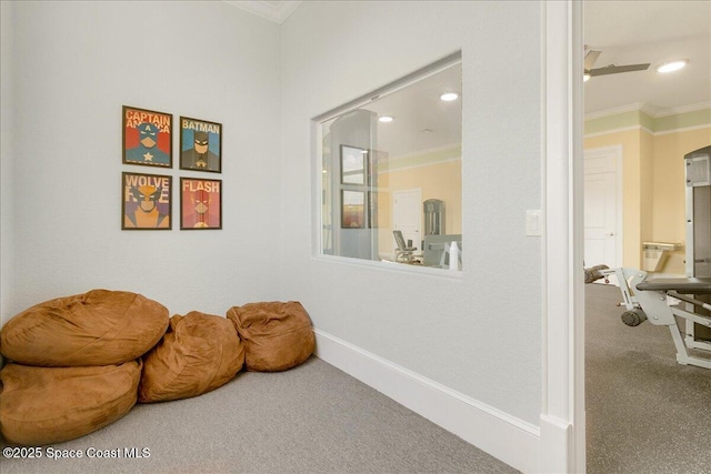 1475 Isabella Dr Unit 101, Melbourne, FL 32935 - living area featuring ornamental molding, carpet flooring, recessed lighting, and arched walkways