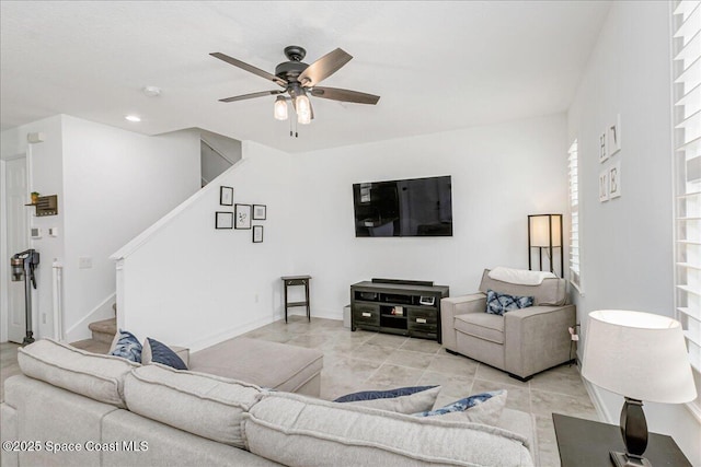 1475 Isabella Dr Unit 101, Melbourne, FL 32935 - living area with stairs, a ceiling fan, tile patterned floors, and recessed lighting
