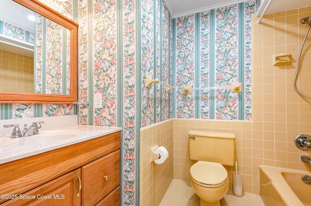 957 Waialae Cir NE, Palm Bay, FL 32905 - bathroom with wallpapered walls, vanity, tile walls, toilet, and  shower combination