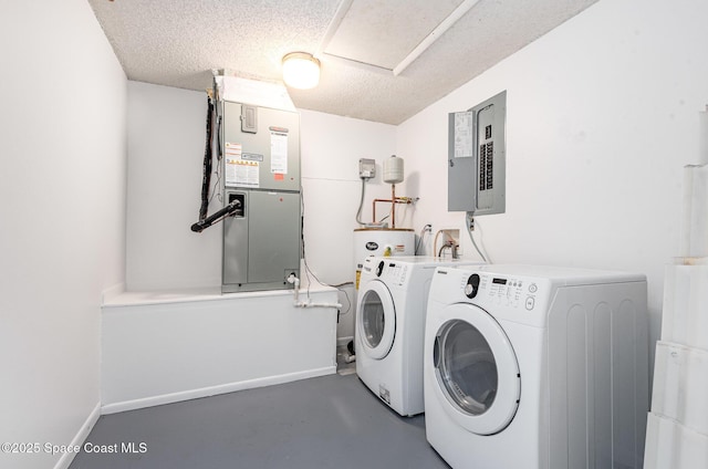 957 Waialae Cir NE, Palm Bay, FL 32905 - laundry area featuring electric panel, separate washer and dryer, a textured ceiling, heating unit, and baseboards