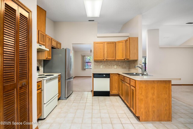 1262 Heberling St NW, Palm Bay, FL 32907 - kitchen with white appliances, a sink, a peninsula, under cabinet range hood, and light countertops