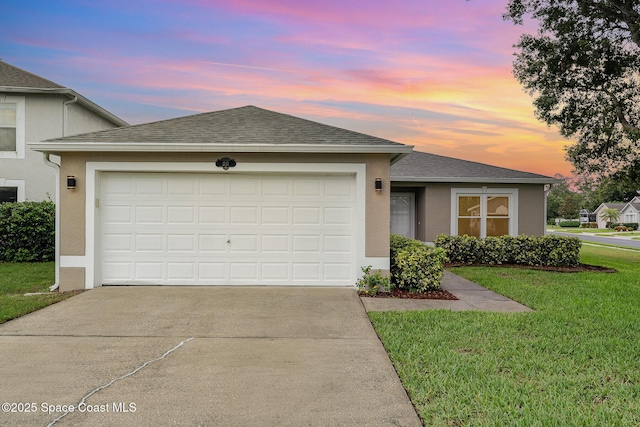 2111 Spring Creek Cir, Palm Bay, FL 32905 - single story home with concrete driveway, an attached garage, stucco siding, a yard, and roof with shingles