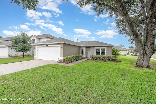 2111 Spring Creek Cir, Palm Bay, FL 32905 - view of front facade with an attached garage, stucco siding, a front lawn, concrete driveway, and roof with shingles