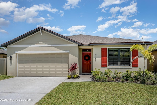 4791 Talbot Blvd, Cocoa, FL 32926 - ranch-style house featuring driveway, a front yard, a garage, and stucco siding