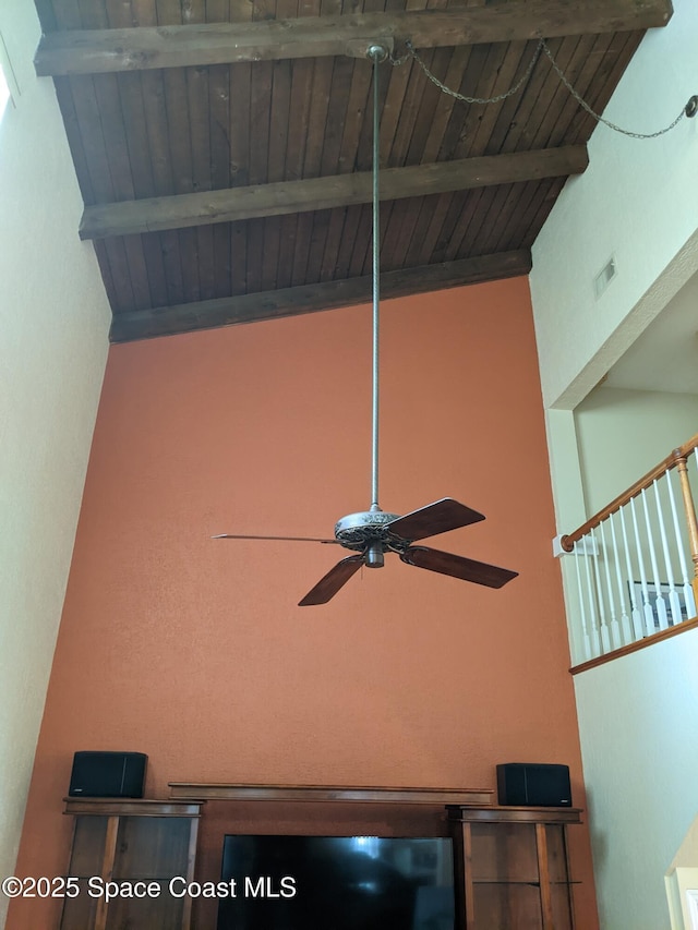 199 Skyline Ct, Satellite Beach, FL 32937 - detailed view of a ceiling fan and wood ceiling with exposed beams