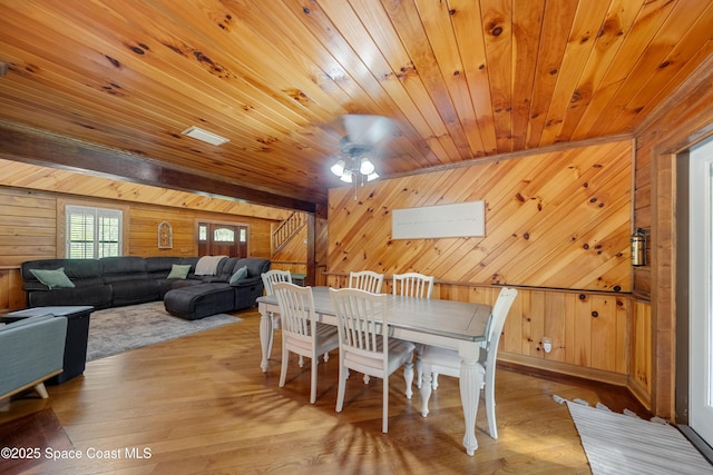 3373 Stratos Ln, Palm Bay, FL 32909 - dining area featuring wooden walls, wooden ceiling, wood finished floors, and ceiling fan