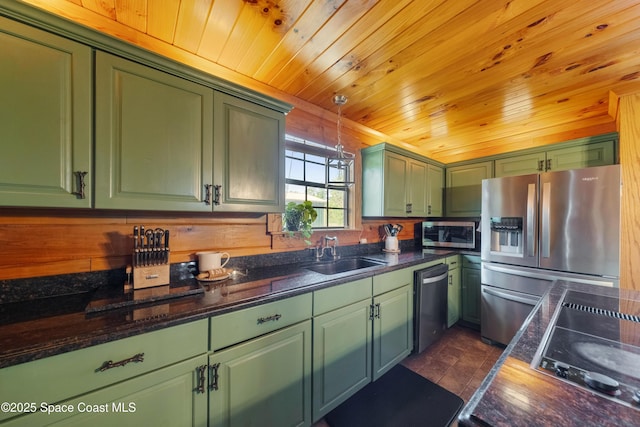 3373 Stratos Ln, Palm Bay, FL 32909 - kitchen with appliances with stainless steel finishes, a sink, green cabinets, wood ceiling, and hanging light fixtures