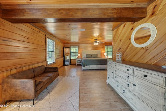 3373 Stratos Ln, Palm Bay, FL 32909 - bedroom with wood walls, light wood finished floors, and wood ceiling with exposed beams