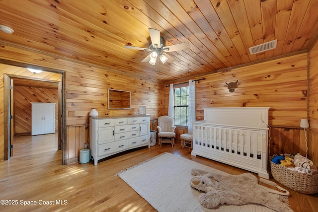 3373 Stratos Ln, Palm Bay, FL 32909 - bedroom featuring wooden ceiling, wood walls, and light wood-type flooring