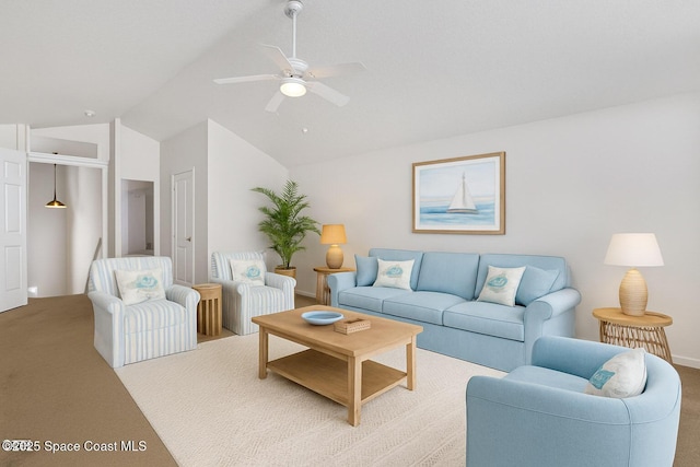 310 Chennault Ln, Rockledge, FL 32955 - living area featuring carpet, lofted ceiling, and ceiling fan