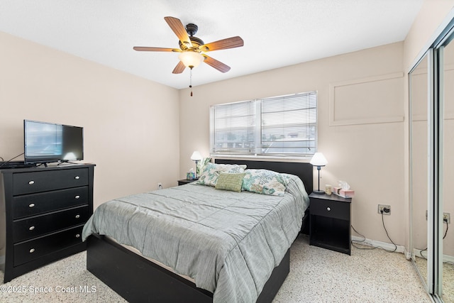 7515 Ridgewood Ave Unit 17A, Cape Canaveral, FL 32920 - bedroom with dark speckled floor, ceiling fan, baseboards, and a closet