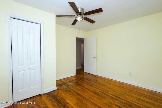 1108 Abington St, Cocoa, FL 32922 - unfurnished bedroom featuring hardwood / wood-style flooring, baseboards, a closet, and a ceiling fan