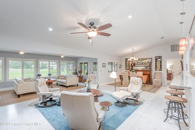 1510 Pioneer Dr, Melbourne, FL 32940 - living room with ceiling fan, lofted ceiling, light marble finish flooring, a chandelier, and recessed lighting