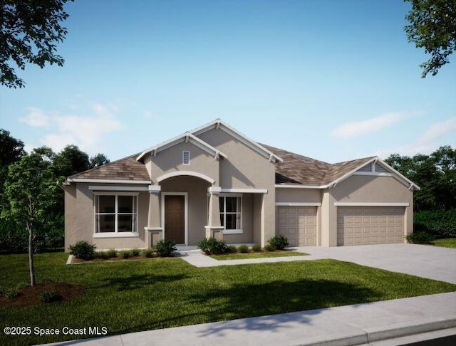 6305 Moonrise Dr, Merritt Island, FL 32953 - view of front of home with stucco siding, a garage, a front lawn, and concrete driveway