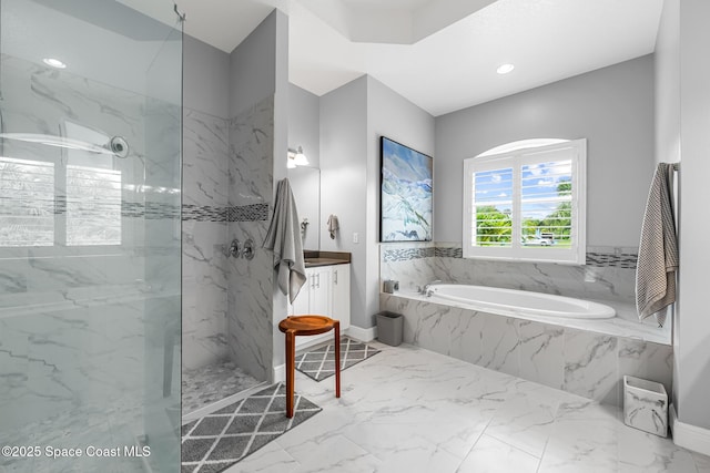11 Pisces Ln, Rockledge, FL 32955 - full bath featuring a bath, a marble finish shower, vanity, marble finish floors, and recessed lighting