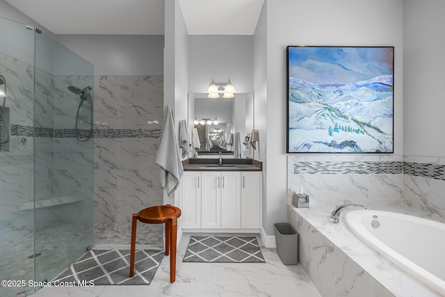 11 Pisces Ln, Rockledge, FL 32955 - bathroom with marble look tiles, a garden tub, a marble finish shower, and vanity